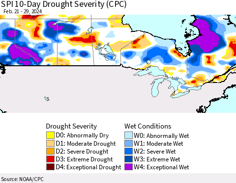 Canada SPI 10-Day Drought Severity (CPC) Thematic Map For 2/21/2024 - 2/29/2024