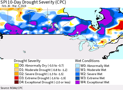 Canada SPI 10-Day Drought Severity (CPC) Thematic Map For 2/26/2024 - 3/5/2024