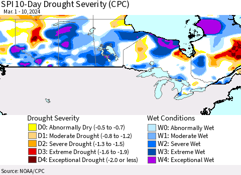 Canada SPI 10-Day Drought Severity (CPC) Thematic Map For 3/1/2024 - 3/10/2024