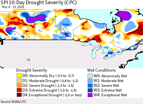 Canada SPI 10-Day Drought Severity (CPC) Thematic Map For 3/6/2024 - 3/15/2024