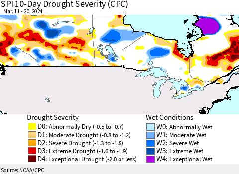 Canada SPI 10-Day Drought Severity (CPC) Thematic Map For 3/11/2024 - 3/20/2024