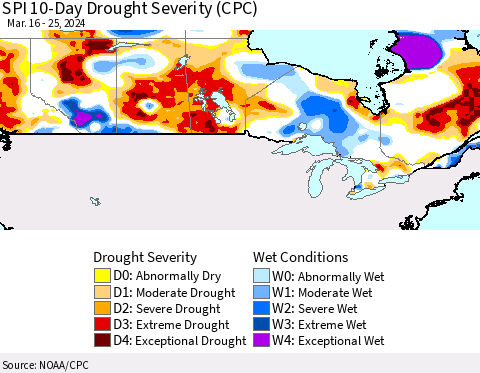 Canada SPI 10-Day Drought Severity (CPC) Thematic Map For 3/16/2024 - 3/25/2024