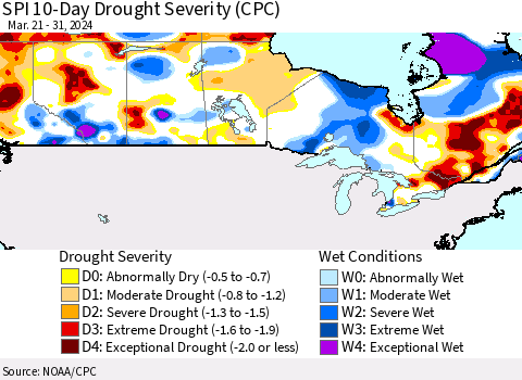 Canada SPI 10-Day Drought Severity (CPC) Thematic Map For 3/21/2024 - 3/31/2024
