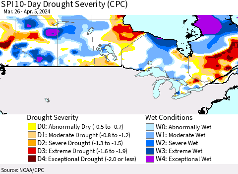 Canada SPI 10-Day Drought Severity (CPC) Thematic Map For 3/26/2024 - 4/5/2024
