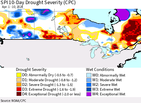 Canada SPI 10-Day Drought Severity (CPC) Thematic Map For 4/1/2024 - 4/10/2024