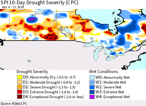 Canada SPI 10-Day Drought Severity (CPC) Thematic Map For 4/6/2024 - 4/15/2024