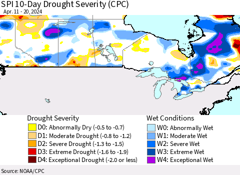 Canada SPI 10-Day Drought Severity (CPC) Thematic Map For 4/11/2024 - 4/20/2024