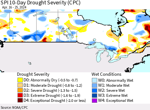 Canada SPI 10-Day Drought Severity (CPC) Thematic Map For 4/16/2024 - 4/25/2024