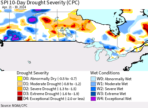 Canada SPI 10-Day Drought Severity (CPC) Thematic Map For 4/21/2024 - 4/30/2024