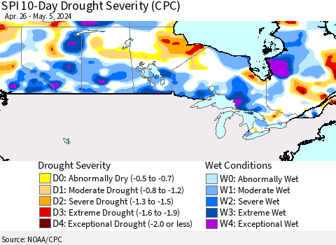 Canada SPI 10-Day Drought Severity (CPC) Thematic Map For 4/26/2024 - 5/5/2024