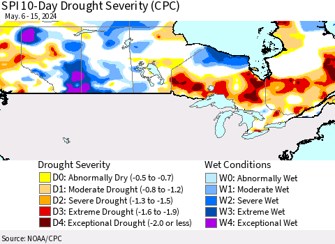 Canada SPI 10-Day Drought Severity (CPC) Thematic Map For 5/6/2024 - 5/15/2024