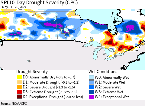Canada SPI 10-Day Drought Severity (CPC) Thematic Map For 5/11/2024 - 5/20/2024