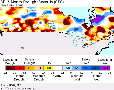 Canada SPI 3-Month Drought Severity (CPC) Thematic Map For 2/6/2021 - 5/5/2021