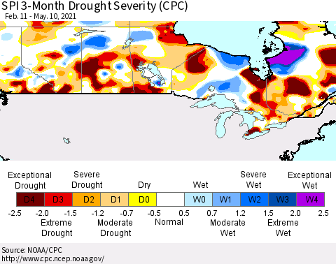 Canada SPI 3-Month Drought Severity (CPC) Thematic Map For 2/11/2021 - 5/10/2021