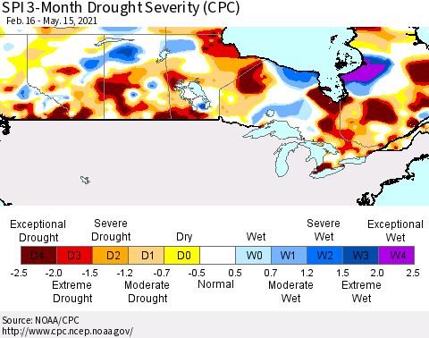 Canada SPI 3-Month Drought Severity (CPC) Thematic Map For 2/16/2021 - 5/15/2021