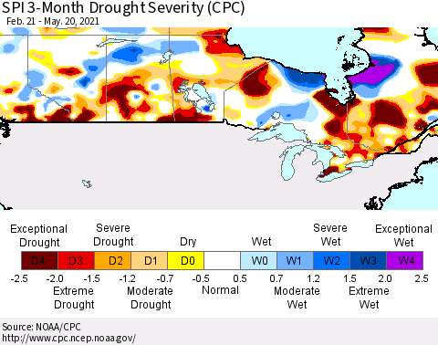 Canada SPI 3-Month Drought Severity (CPC) Thematic Map For 2/21/2021 - 5/20/2021