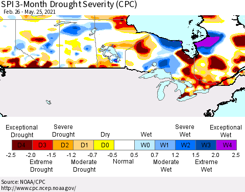 Canada SPI 3-Month Drought Severity (CPC) Thematic Map For 2/26/2021 - 5/25/2021