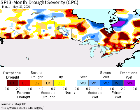 Canada SPI 3-Month Drought Severity (CPC) Thematic Map For 3/1/2021 - 5/31/2021