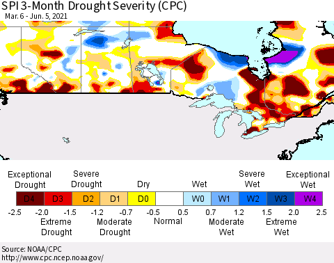 Canada SPI 3-Month Drought Severity (CPC) Thematic Map For 3/6/2021 - 6/5/2021