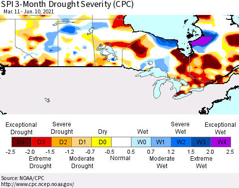 Canada SPI 3-Month Drought Severity (CPC) Thematic Map For 3/11/2021 - 6/10/2021