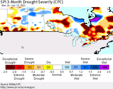 Canada SPI 3-Month Drought Severity (CPC) Thematic Map For 3/16/2021 - 6/15/2021