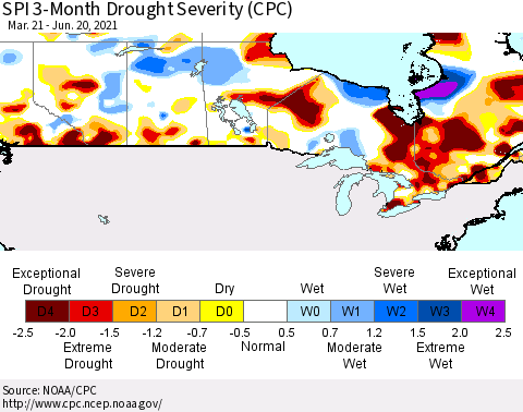 Canada SPI 3-Month Drought Severity (CPC) Thematic Map For 3/21/2021 - 6/20/2021