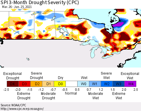Canada SPI 3-Month Drought Severity (CPC) Thematic Map For 3/26/2021 - 6/25/2021