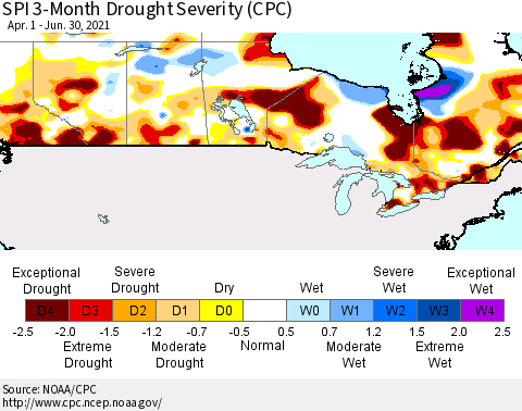 Canada SPI 3-Month Drought Severity (CPC) Thematic Map For 4/1/2021 - 6/30/2021
