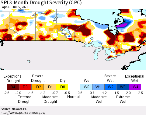Canada SPI 3-Month Drought Severity (CPC) Thematic Map For 4/6/2021 - 7/5/2021