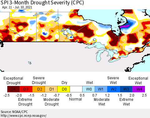 Canada SPI 3-Month Drought Severity (CPC) Thematic Map For 4/11/2021 - 7/10/2021