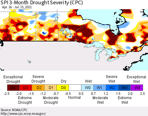 Canada SPI 3-Month Drought Severity (CPC) Thematic Map For 4/16/2021 - 7/15/2021