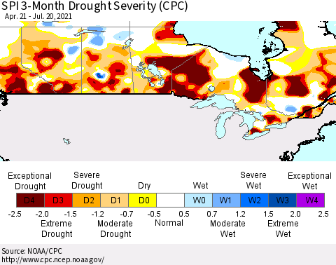 Canada SPI 3-Month Drought Severity (CPC) Thematic Map For 4/21/2021 - 7/20/2021