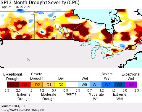 Canada SPI 3-Month Drought Severity (CPC) Thematic Map For 4/26/2021 - 7/25/2021