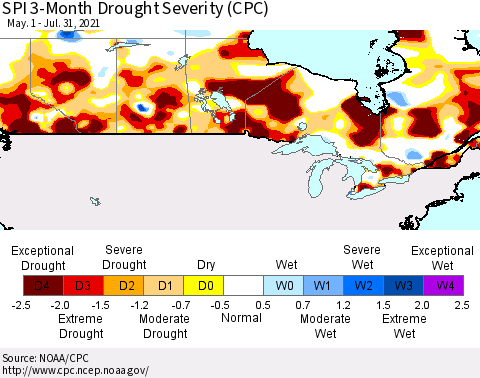Canada SPI 3-Month Drought Severity (CPC) Thematic Map For 5/1/2021 - 7/31/2021