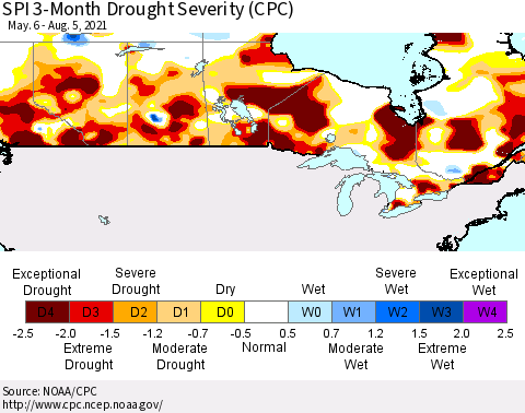 Canada SPI 3-Month Drought Severity (CPC) Thematic Map For 5/6/2021 - 8/5/2021