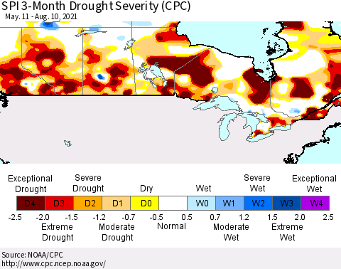 Canada SPI 3-Month Drought Severity (CPC) Thematic Map For 5/11/2021 - 8/10/2021