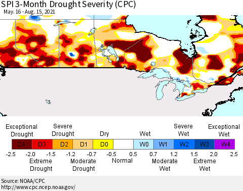 Canada SPI 3-Month Drought Severity (CPC) Thematic Map For 5/16/2021 - 8/15/2021