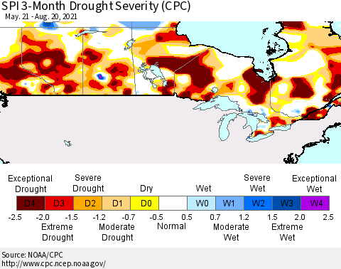 Canada SPI 3-Month Drought Severity (CPC) Thematic Map For 5/21/2021 - 8/20/2021