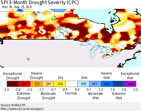 Canada SPI 3-Month Drought Severity (CPC) Thematic Map For 5/26/2021 - 8/25/2021