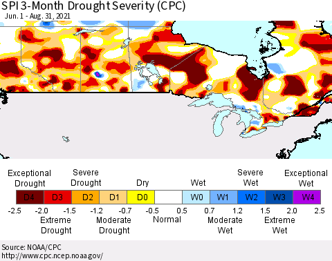 Canada SPI 3-Month Drought Severity (CPC) Thematic Map For 6/1/2021 - 8/31/2021