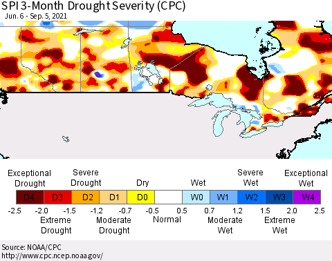 Canada SPI 3-Month Drought Severity (CPC) Thematic Map For 6/6/2021 - 9/5/2021