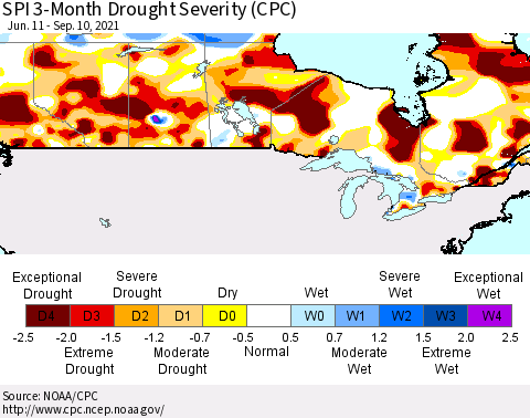 Canada SPI 3-Month Drought Severity (CPC) Thematic Map For 6/11/2021 - 9/10/2021