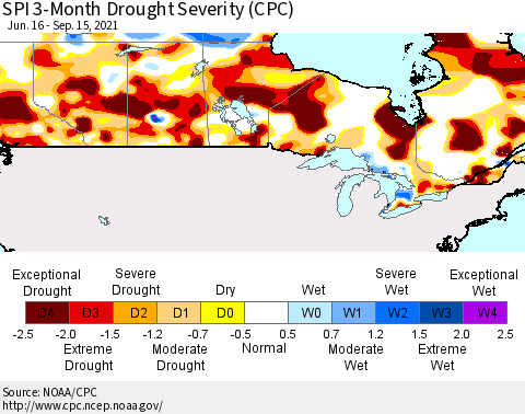Canada SPI 3-Month Drought Severity (CPC) Thematic Map For 6/16/2021 - 9/15/2021