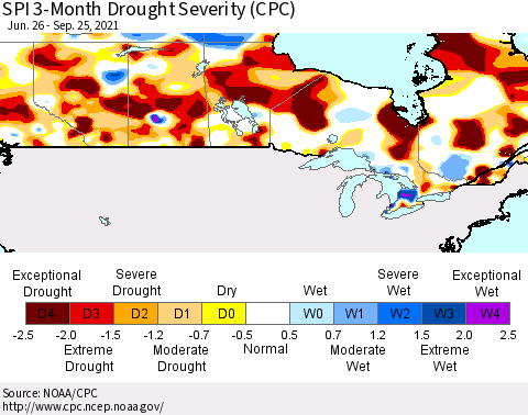 Canada SPI 3-Month Drought Severity (CPC) Thematic Map For 6/26/2021 - 9/25/2021