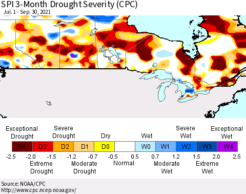 Canada SPI 3-Month Drought Severity (CPC) Thematic Map For 7/1/2021 - 9/30/2021