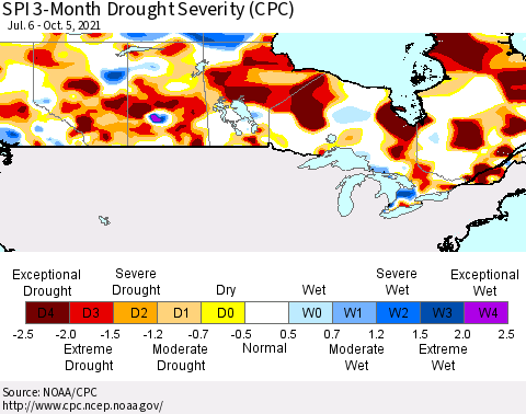 Canada SPI 3-Month Drought Severity (CPC) Thematic Map For 7/6/2021 - 10/5/2021