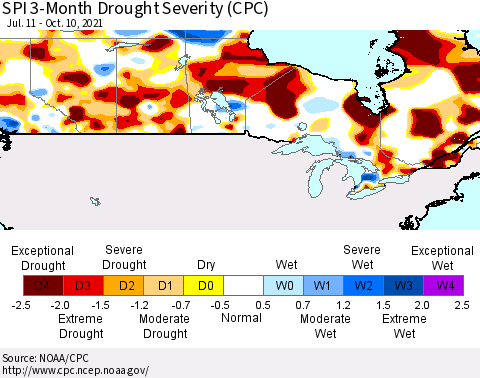 Canada SPI 3-Month Drought Severity (CPC) Thematic Map For 7/11/2021 - 10/10/2021