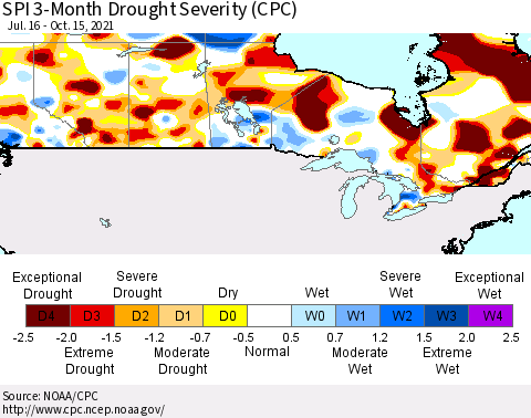 Canada SPI 3-Month Drought Severity (CPC) Thematic Map For 7/16/2021 - 10/15/2021