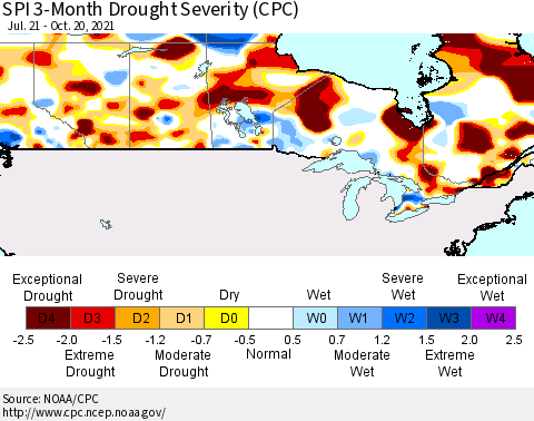 Canada SPI 3-Month Drought Severity (CPC) Thematic Map For 7/21/2021 - 10/20/2021