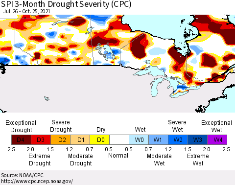 Canada SPI 3-Month Drought Severity (CPC) Thematic Map For 7/26/2021 - 10/25/2021